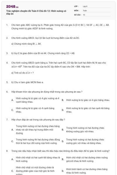 Trắc nghiệm chuyên đề Toán 8 Chủ đề 12: Hình vuông có đáp án