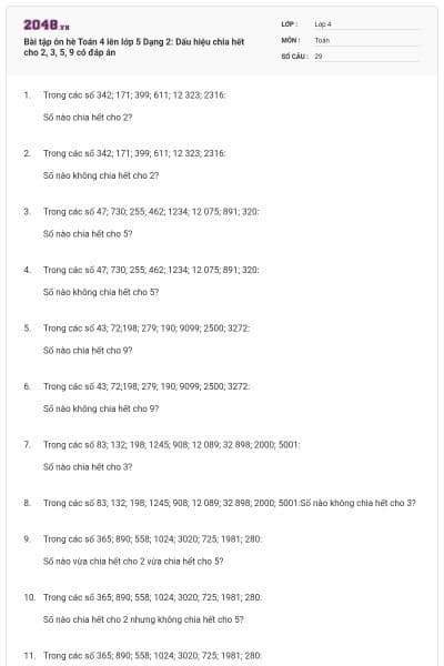 Bài tập ôn hè Toán 4 lên lớp 5 Dạng 2: Dấu hiệu chia hết cho 2, 3, 5, 9 có đáp án