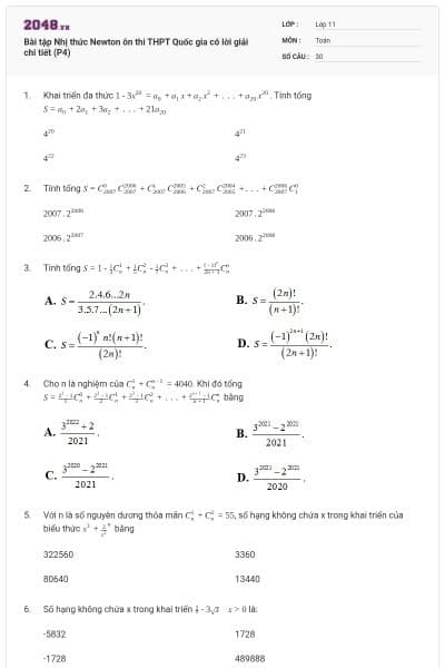 Bài tập Nhị thức Newton ôn thi THPT Quốc gia có lời giải chi tiết (P4)