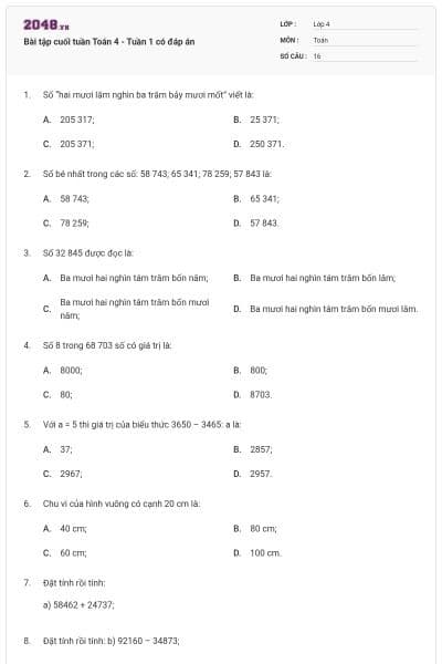 Bài tập cuối tuần Toán 4 - Tuần 1 có đáp án