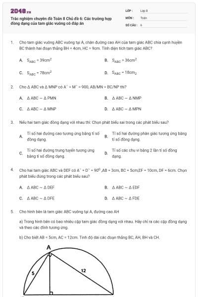 Trắc nghiệm chuyên đề Toán 8 Chủ đề 6: Các trường hợp đồng dạng của tam giác vuông có đáp án