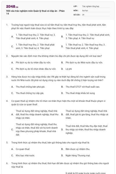 900 câu trắc nghiệm môn Quản lý thuế có đáp án - Phần 14