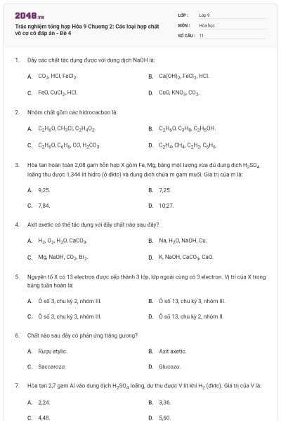 Trắc nghiệm tổng hợp Hóa 9 Chương 2: Các loại hợp chất vô cơ có đáp án - Đề 4