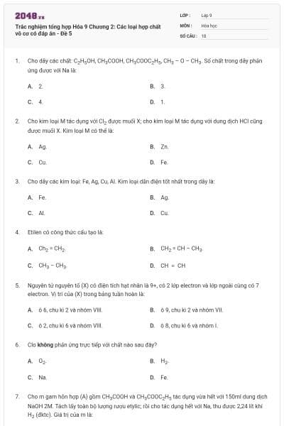Trắc nghiệm tổng hợp Hóa 9 Chương 2: Các loại hợp chất vô cơ có đáp án - Đề 5
