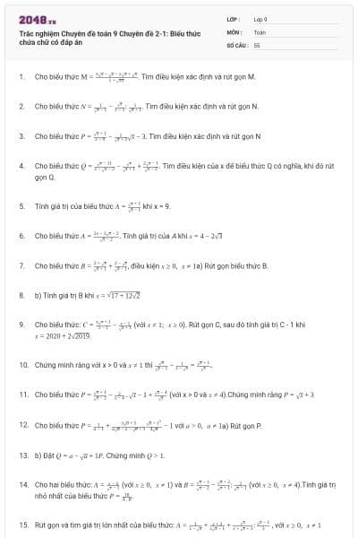 Trắc nghiệm Chuyên đề toán 9 Chuyên đề 2-1: Biểu thức chứa chữ có đáp án