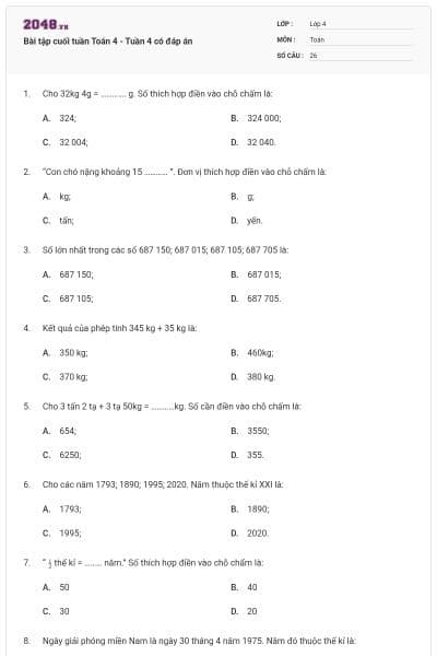 Bài tập cuối tuần Toán 4 - Tuần 4 có đáp án