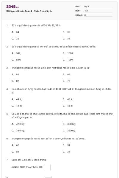 Bài tập cuối tuần Toán 4 - Tuần 5 có đáp án