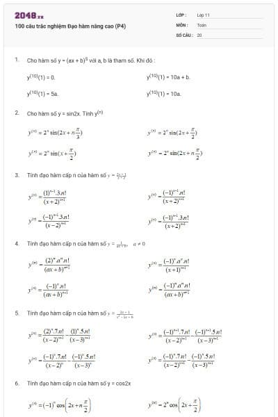100 câu trắc nghiệm Đạo hàm nâng cao (P4)