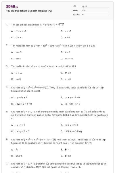 100 câu trắc nghiệm Đạo hàm nâng cao (P2)