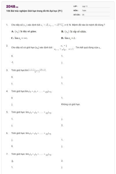 106 Bài trắc nghiệm Giới hạn trong đề thi đại học (P1)