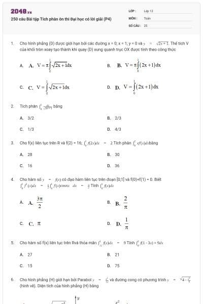 250 câu Bài tập Tích phân ôn thi Đại học có lời giải (P4)