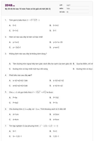 Bộ 30 đề thi vào 10 môn Toán có lời giải chi tiết (Đề 3)