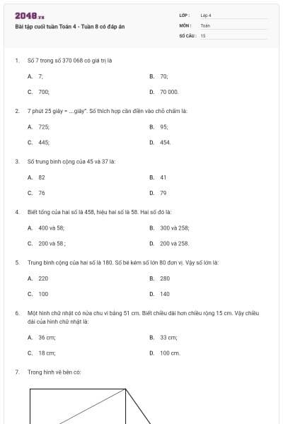 Bài tập cuối tuần Toán 4 - Tuần 8 có đáp án