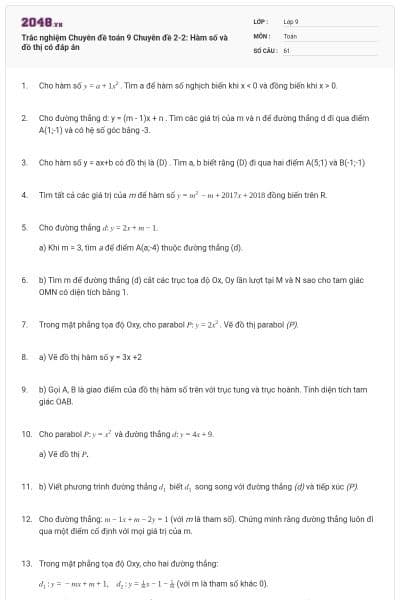 Trắc nghiệm Chuyên đề toán 9 Chuyên đề 2-2: Hàm số và đồ thị có đáp án