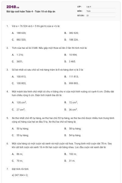Bài tập cuối tuần Toán 4 - Tuần 10 có đáp án