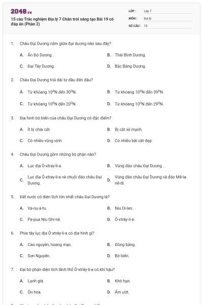 15 câu Trắc nghiệm Địa lý 7 Chân trời sáng tạo Bài 19 có đáp án (Phần 2)