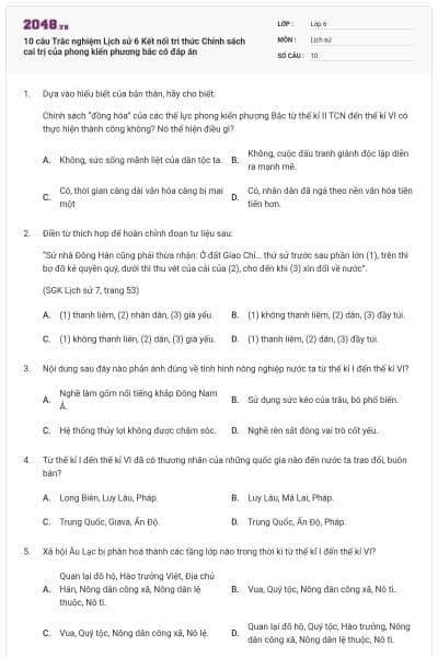 10 câu Trắc nghiệm Lịch sử 6 Kết nối tri thức Chính sách cai trị của phong kiến phương bắc có đáp án