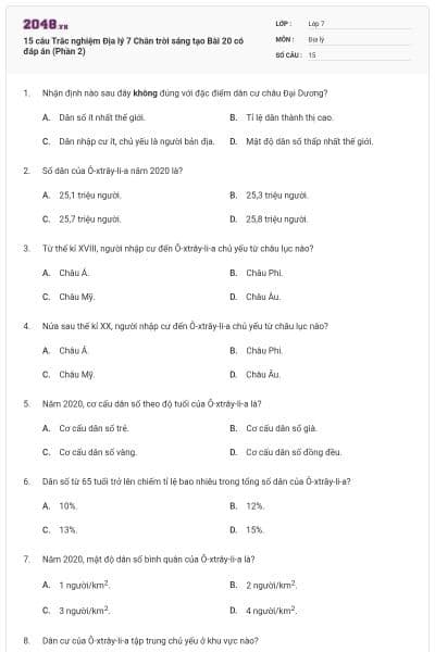 15 câu Trắc nghiệm Địa lý 7 Chân trời sáng tạo Bài 20 có đáp án (Phần 2)