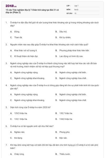 15 câu Trắc nghiệm Địa lý 7 Chân trời sáng tạo Bài 21 có đáp án (Phần 2)