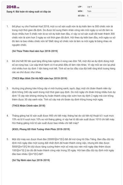 Dạng 4: Bài toán về năng suất có đáp án