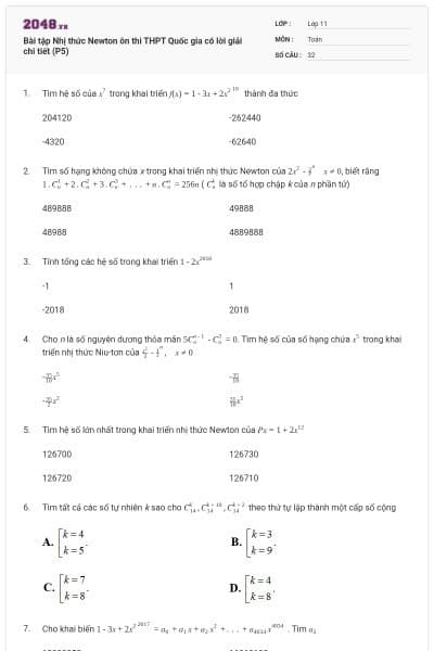 Bài tập Nhị thức Newton ôn thi THPT Quốc gia có lời giải chi tiết (P5)