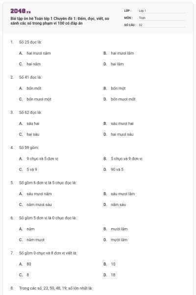 Bài tập ôn hè Toán lớp 1 Chuyên đề 1: Đếm, đọc, viết, so sánh các số trong phạm vi 100 có đáp án