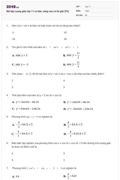 Bài tập Lượng giác lớp 11 cơ bản, nâng cao có lời giải (P3)