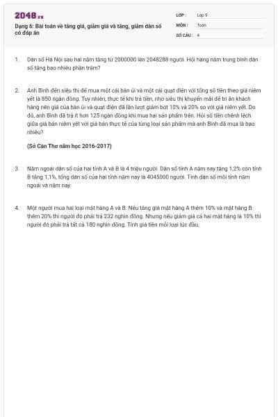 Dạng 6: Bài toán về tăng giá, giảm giá và tăng, giảm dân số có đáp án