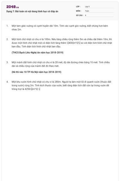 Dạng 7: Bài toán có nội dung hình học có đáp án