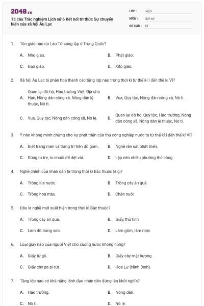 13 câu Trắc nghiệm Lịch sử 6 Kết nối tri thức Sự chuyển biến của xã hội Âu Lạc