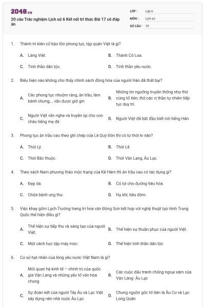 20 câu Trắc nghiệm Lịch sử 6 Kết nối tri thức Bài 17 có đáp án