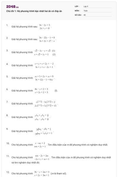 Chủ đề 1: Hệ phương trình bậc nhất hai ẩn có đáp án