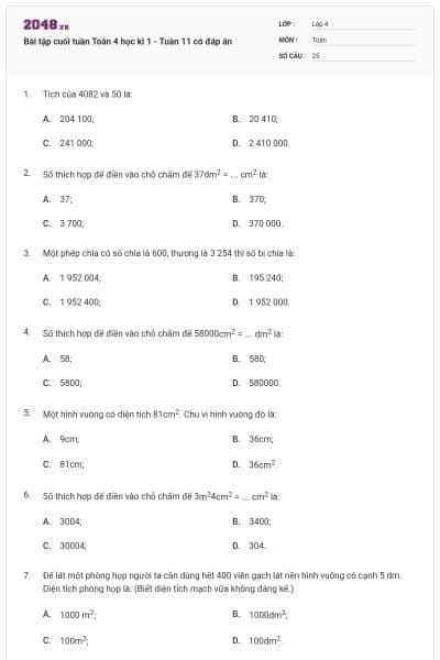 Bài tập cuối tuần Toán 4 học kì 1 - Tuần 11 có đáp án