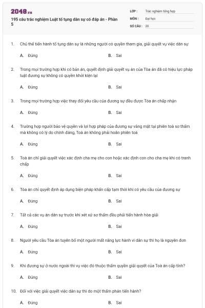 195 câu trắc nghiệm Luật tố tụng dân sự có đáp án - Phần 5