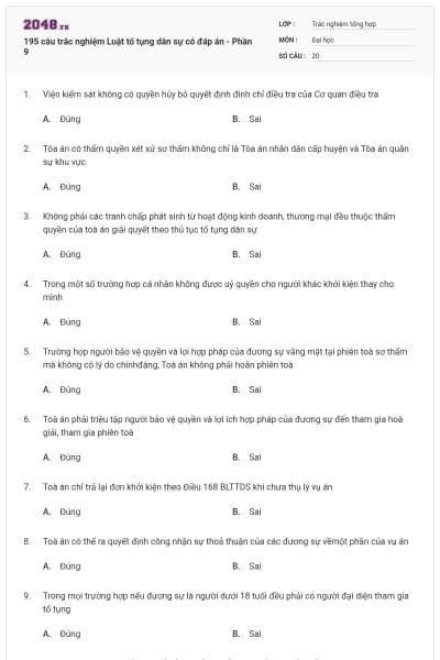 195 câu trắc nghiệm Luật tố tụng dân sự có đáp án - Phần 9