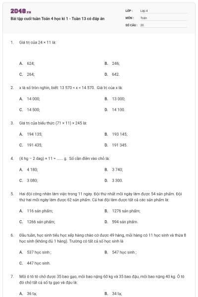 Bài tập cuối tuần Toán 4 học kì 1 - Tuần 13 có đáp án