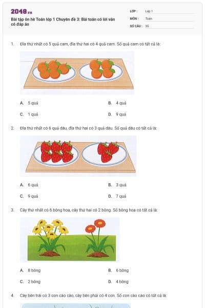 Bài tập ôn hè Toán lớp 1 Chuyên đề 3: Bài toán có lời văn có đáp án