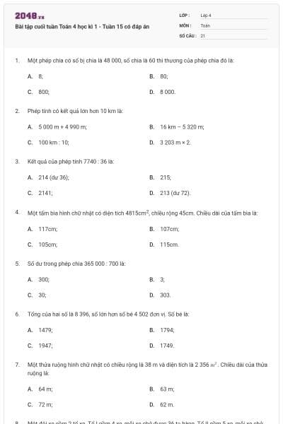 Bài tập cuối tuần Toán 4 học kì 1 - Tuần 15 có đáp án