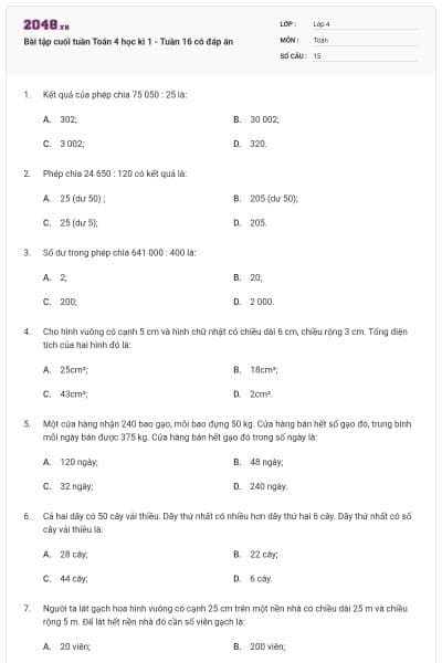 Bài tập cuối tuần Toán 4 học kì 1 - Tuần 16 có đáp án