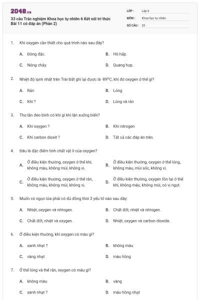 33 câu Trắc nghiệm Khoa học tự nhiên 6 Kết nối tri thức Bài 11 có đáp án (Phần 2)