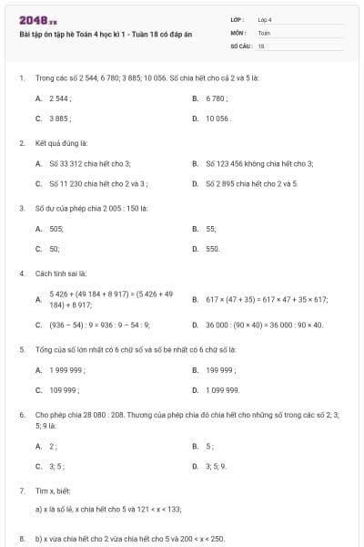Bài tập ôn tập hè Toán 4 học kì 1 - Tuần 18 có đáp án