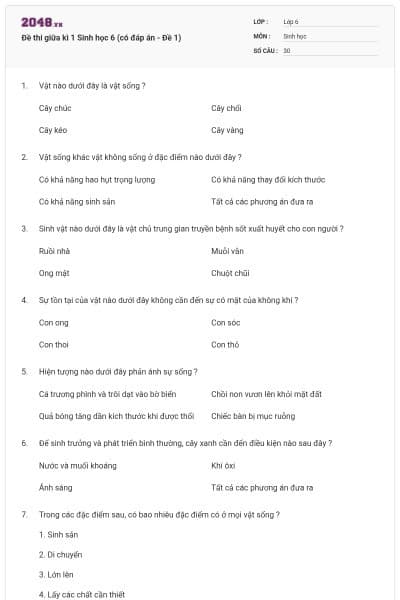 Đề thi giữa kì 1 Sinh học 6 (có đáp án - Đề 1)