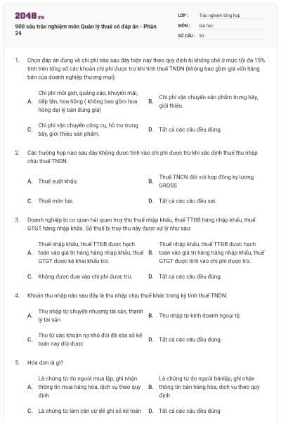 900 câu trắc nghiệm môn Quản lý thuế có đáp án - Phần 24