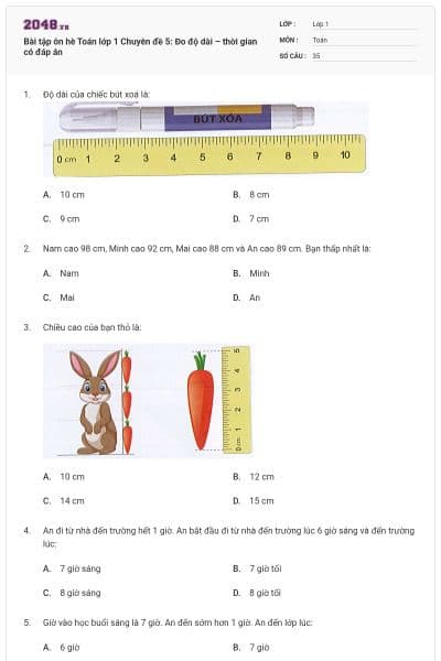 Bài tập ôn hè Toán lớp 1 Chuyên đề 5: Đo độ dài – thời gian có đáp án