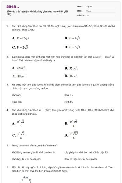 250 câu trắc nghiệm Hình không gian cực hay có lời giải (P6)