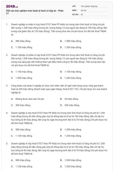 900 câu trắc nghiệm môn Quản lý thuế có đáp án - Phần 27
