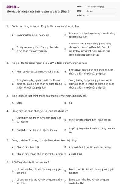 150 câu trắc nghiệm môn Luật so sánh có đáp án (Phần 3)