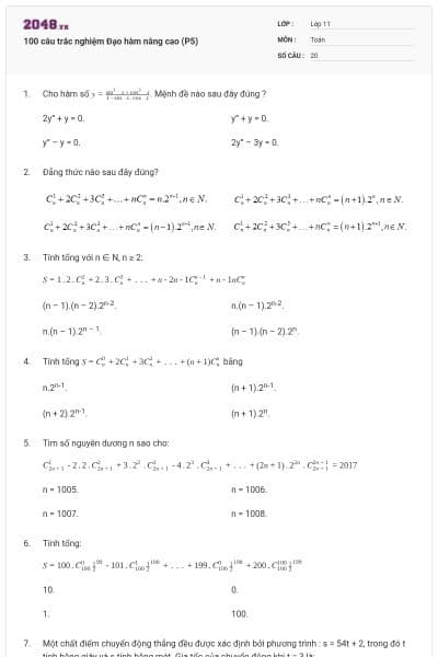 100 câu trắc nghiệm Đạo hàm nâng cao (P5)