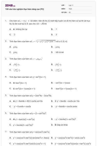 100 câu trắc nghiệm Đạo hàm nâng cao (P3)
