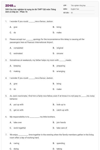 500 Câu trắc nghiệm từ vựng ôn thi THPT QG môn Tiếng Anh có đáp án - Phần 16